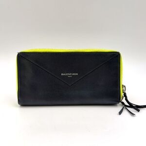 Balenciaga Paper Continental Round Zipper Leather Black X Light Yellow Long